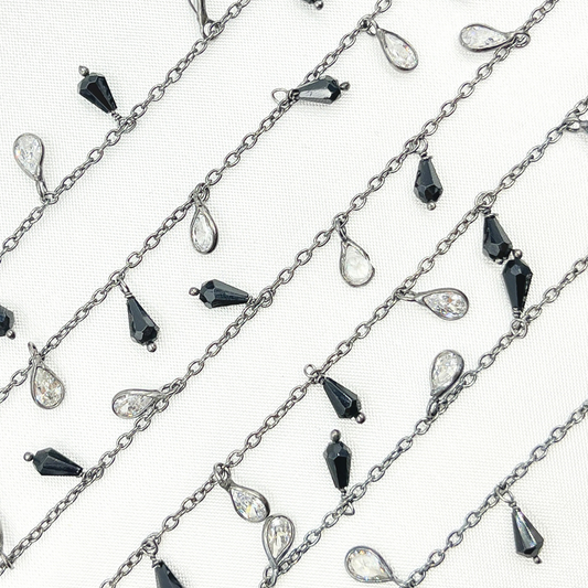 Black Spinel Drop & CZ Pear Shape Dangle Oxidized Wire Chain