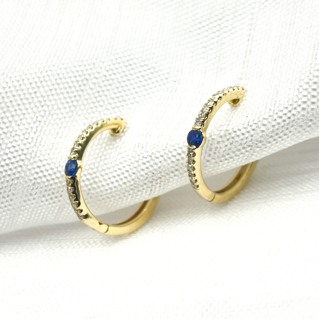 14K Solid Gold Diamond & Blue Sapphire Hoop Earrings