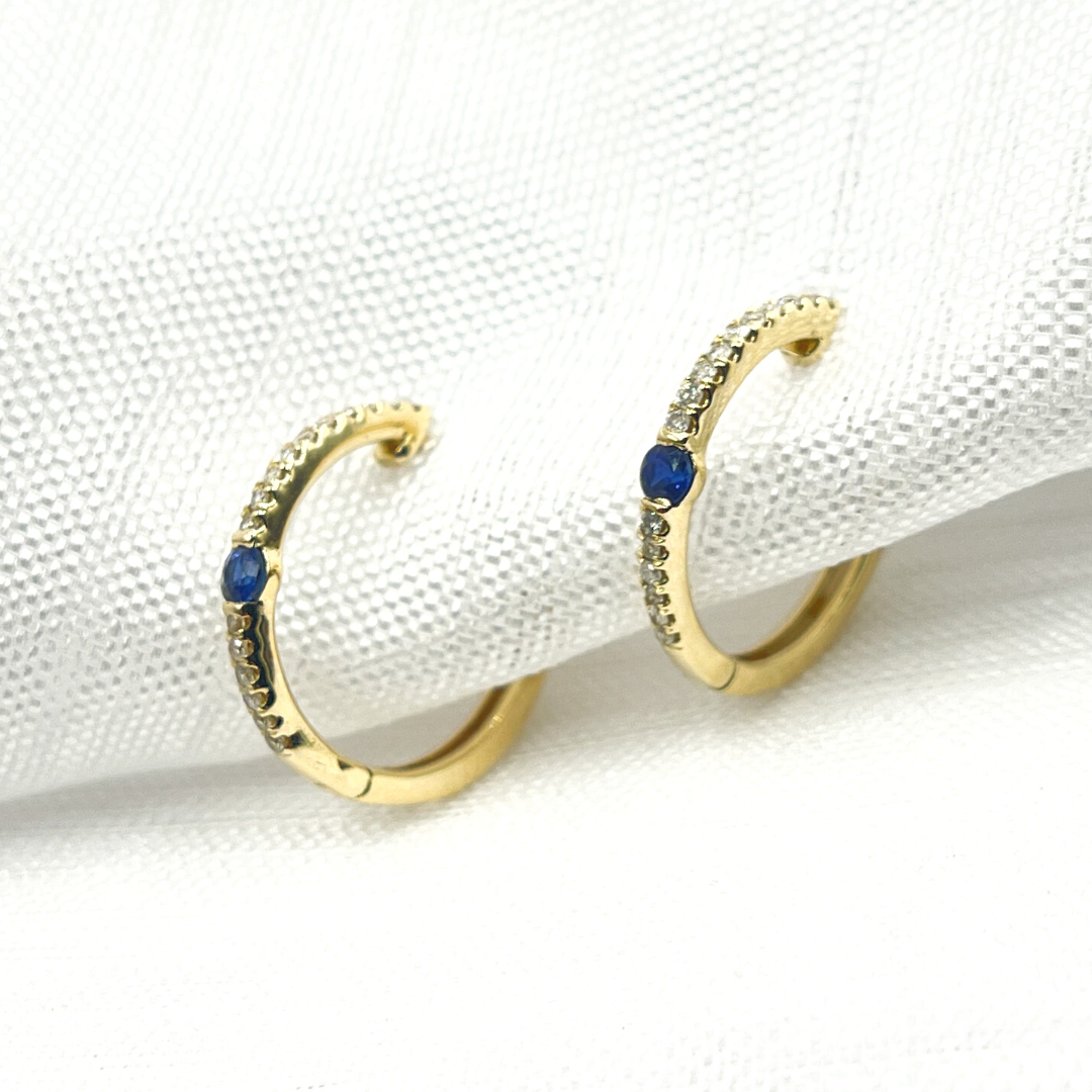 EHC56664. 14K Solid Gold Diamond & Blue Sapphire Hoop Earrings