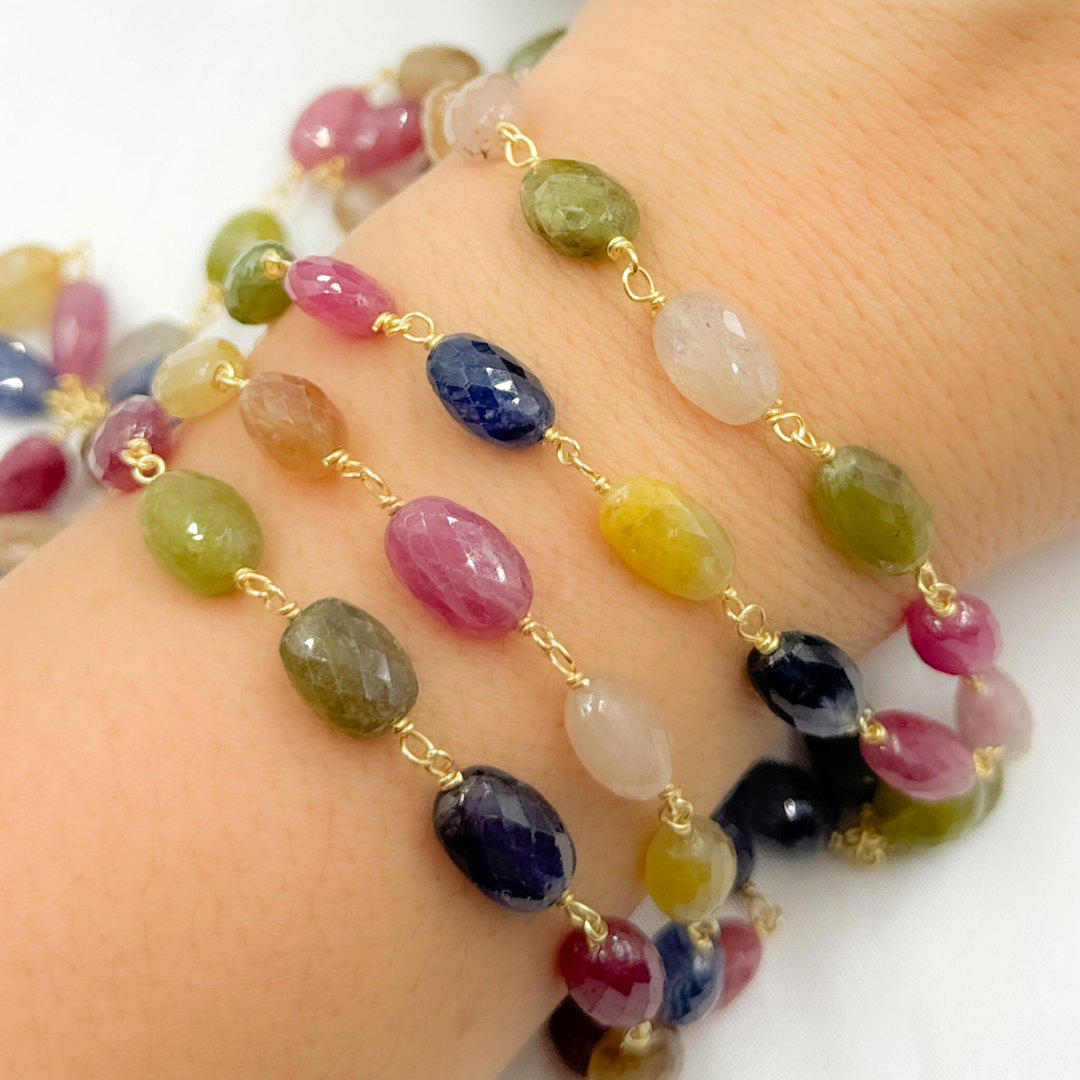 Multi Sapphire Rondel Faceted Gold Plated 925 Sterling Silver Wire Chain