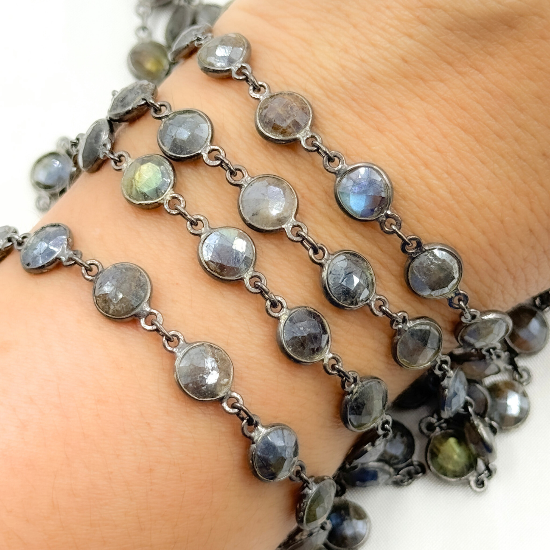 Coated Labradorite Round Shape Bezel Oxidized Wire Chain