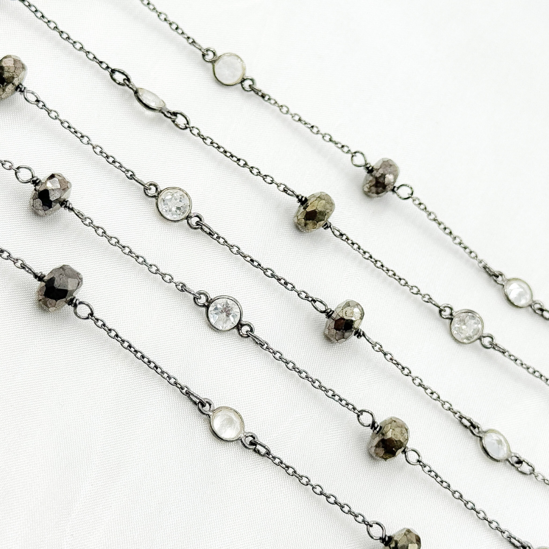 Pyrite & White Topaz Oxidized Connected Wire Chain. PYR66