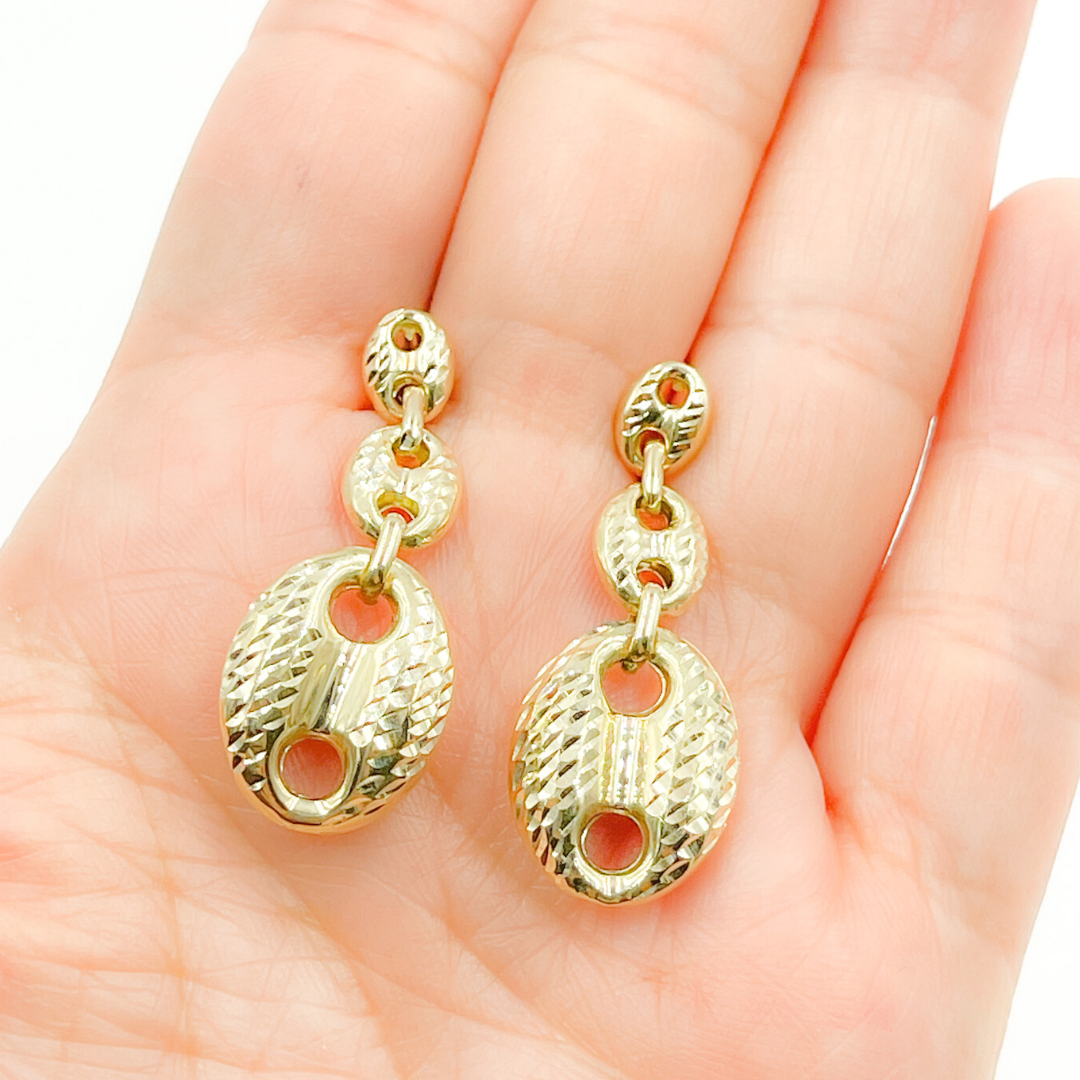 14K Solid Gold Puffed Mariner Diamond Cut Link Earrings. 