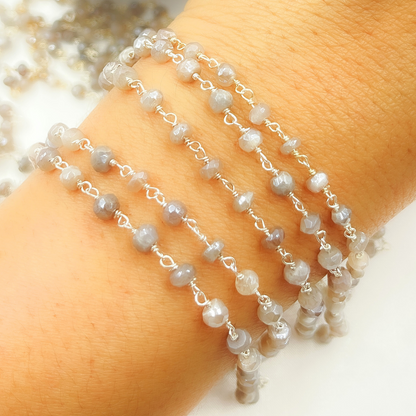 Coated Grey Moonstone 925 Sterling Silver Wire Chain,