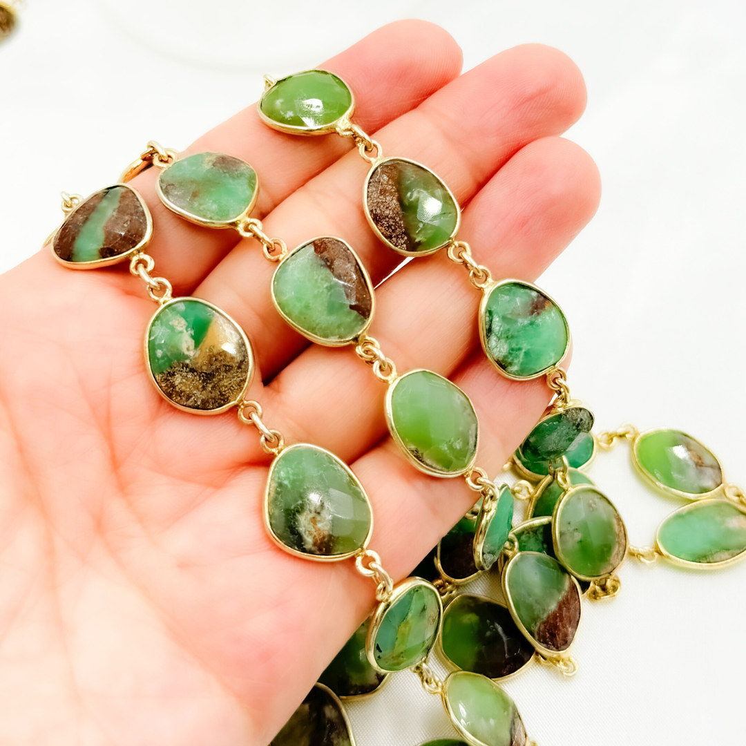 Chrysoprase Organic Shape Bezel Gold Plated Wire Chain. CHR31