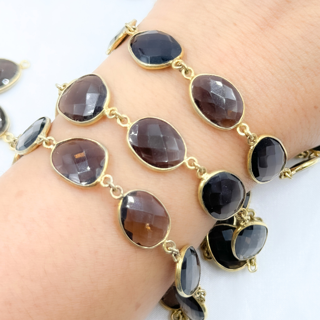 Smoky Quartz Shape Bezel Gold Plated Wire Chain. SMQ6