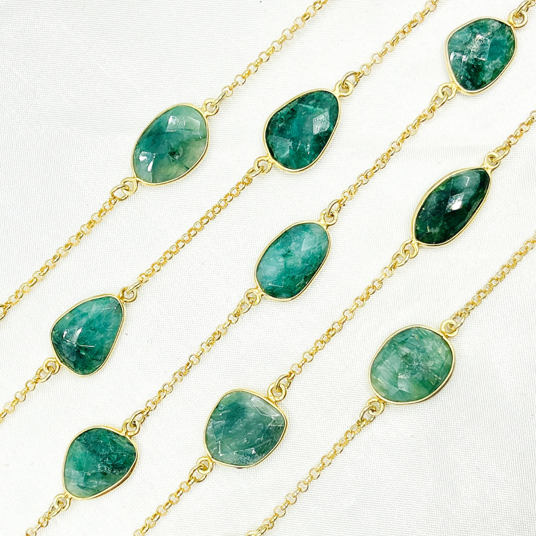Dyed Emerald Organic Shape Bezel Gold Plated Connected Wire Chain.