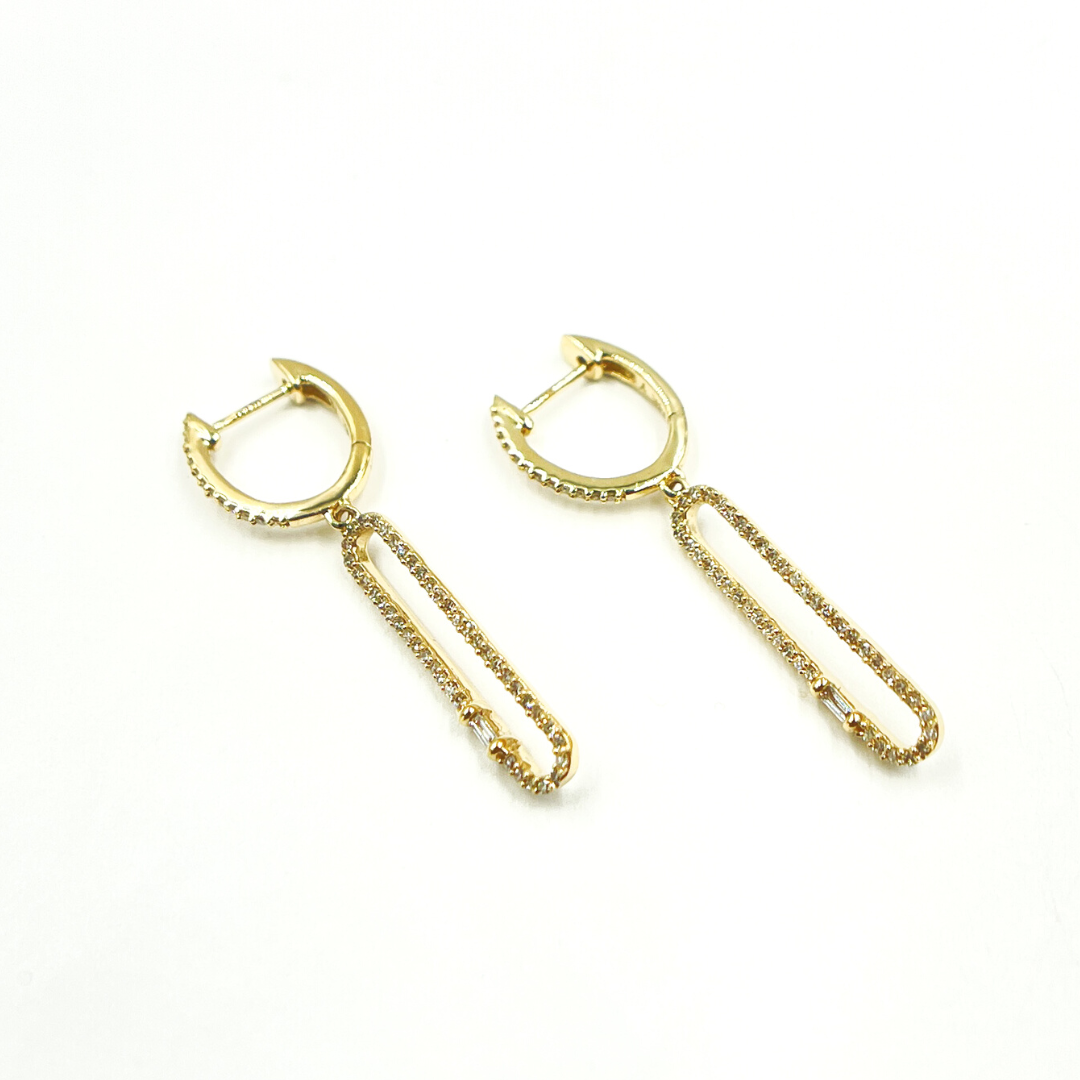 14K Solid Gold and Diamonds Oval Link Dangle Earrings