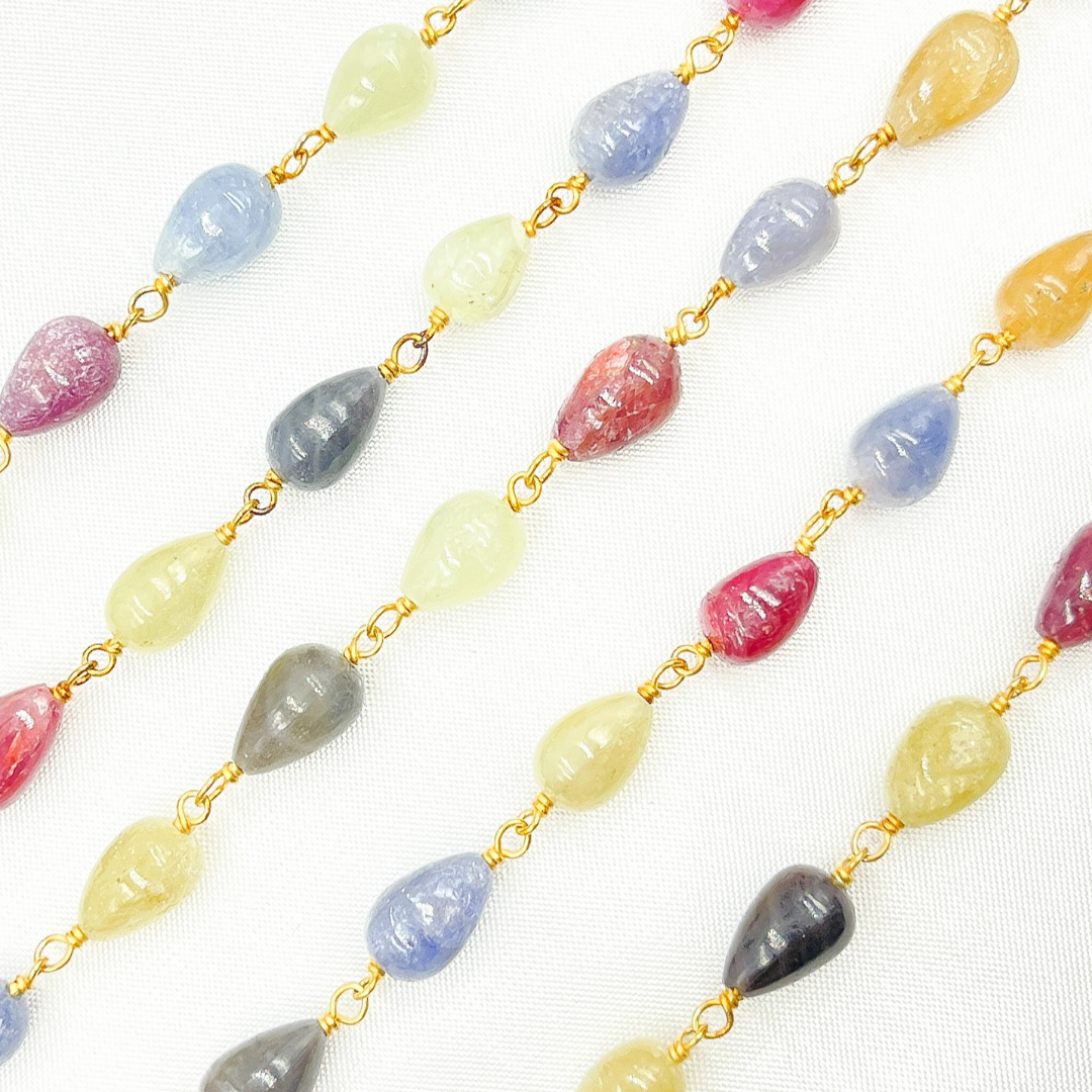 Multi Sapphire Tear Drop Shape Gold Plated Wire Chain. MSA27