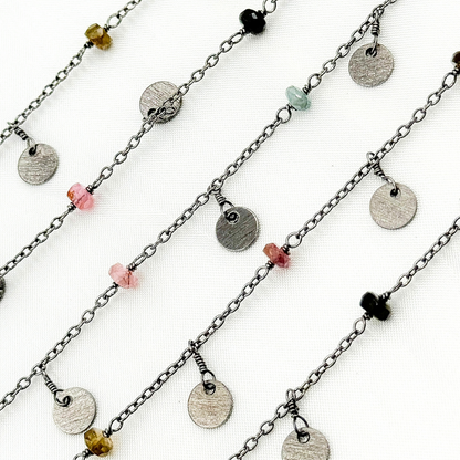 Multi Tourmaline and Dangle Disc Oxidized Wire Chain.