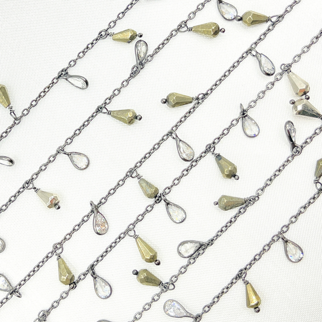 Pyrite and CZ Pear Shape Dangle Wire Chain.