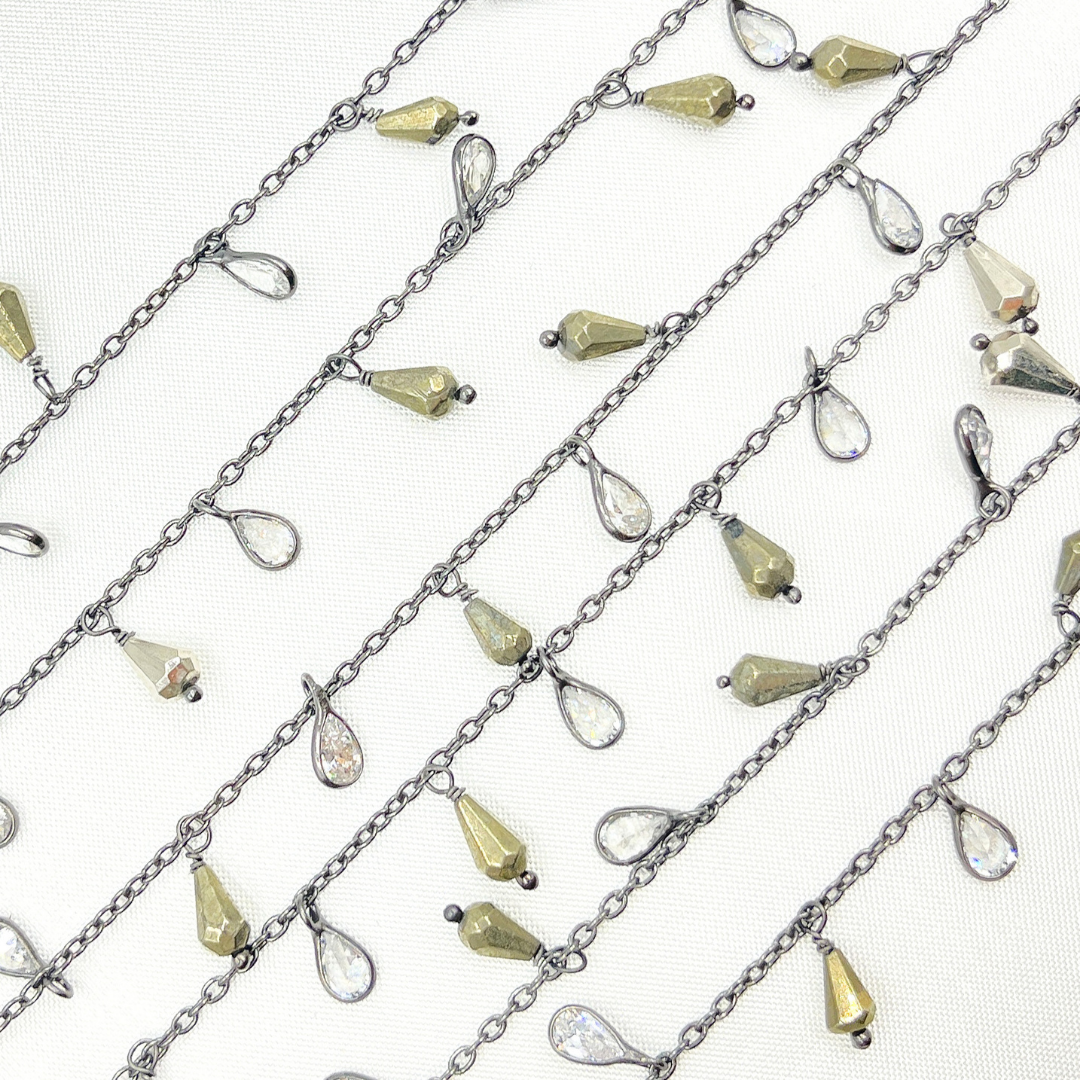 Pyrite and CZ Pear Shape Dangle Wire Chain. PYR32