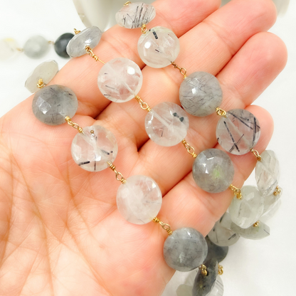 Black Rutile Coin Shape Gold Plated Wire Chain