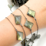 Load image into Gallery viewer, Labradorite Rectangle Shape Bezel Oxidized Connected Wire Chain. LAB116
