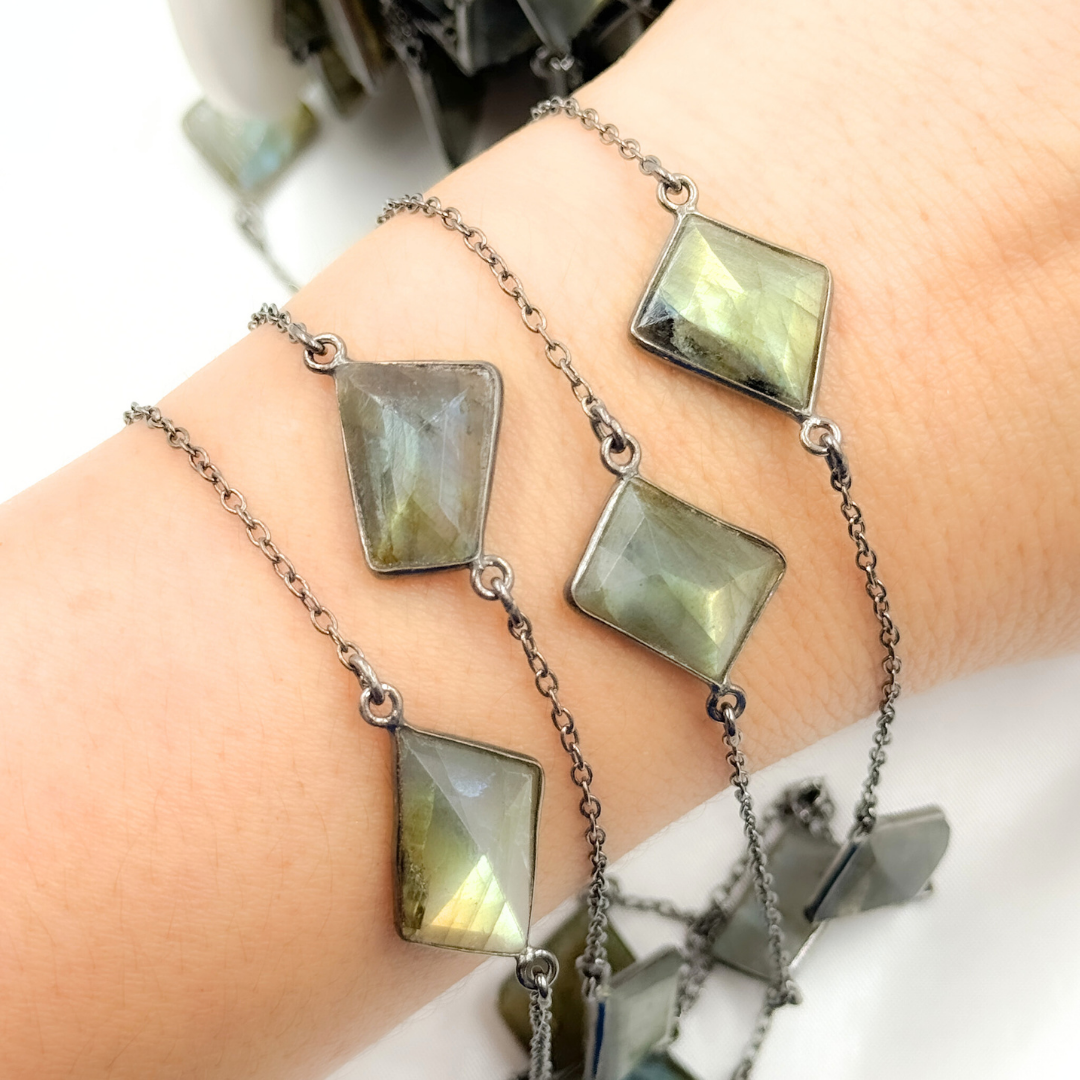 Labradorite Rectangle Shape Bezel Oxidized Connected Wire Chain