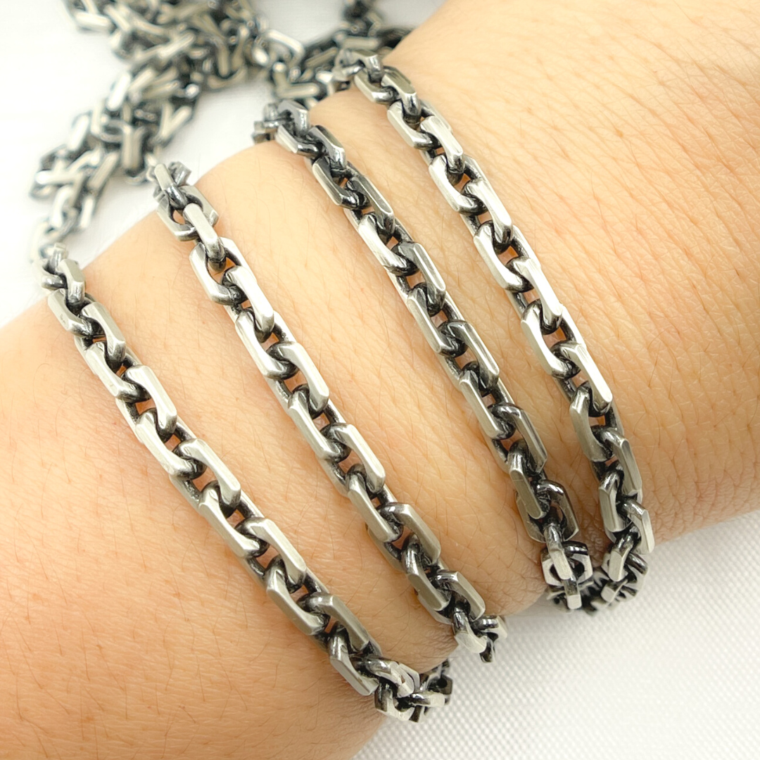 Z90OX. Matt Oxidized 925 Sterling Silver Rectangle Diamond Cut Heavy Cable Chain
