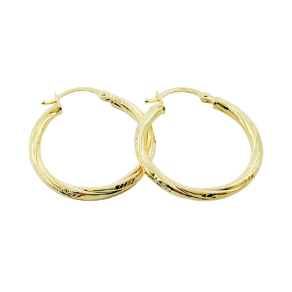 14K Gold Hoop Earrings with Engraved Tornado Design. 