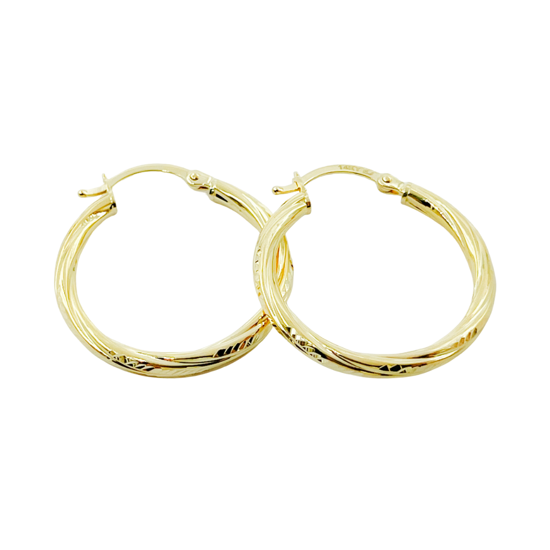 14K Gold Hoop Earrings with Engraved Tornado Design. 