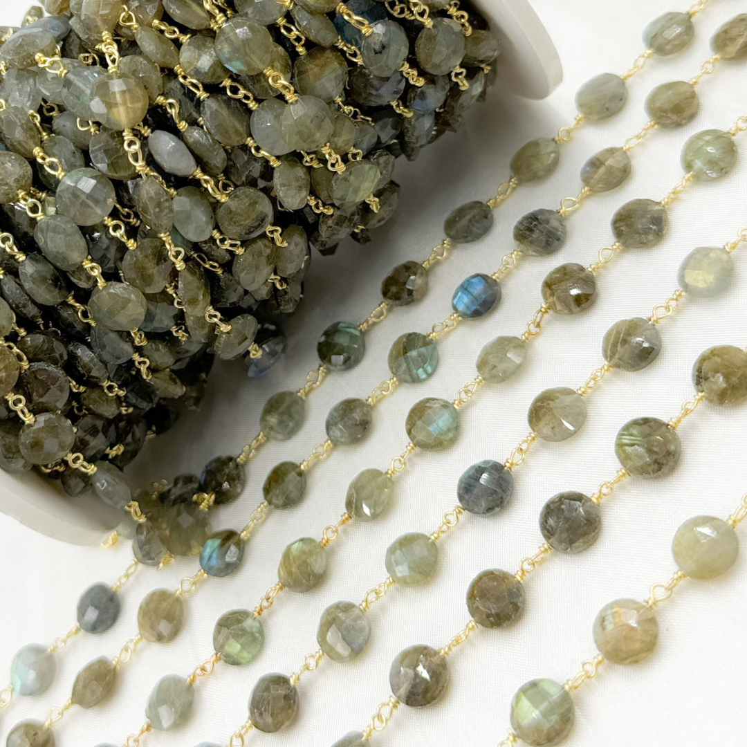 Labradorite Coin Shape Gold Plated 925 Sterling Silver Wire Chain