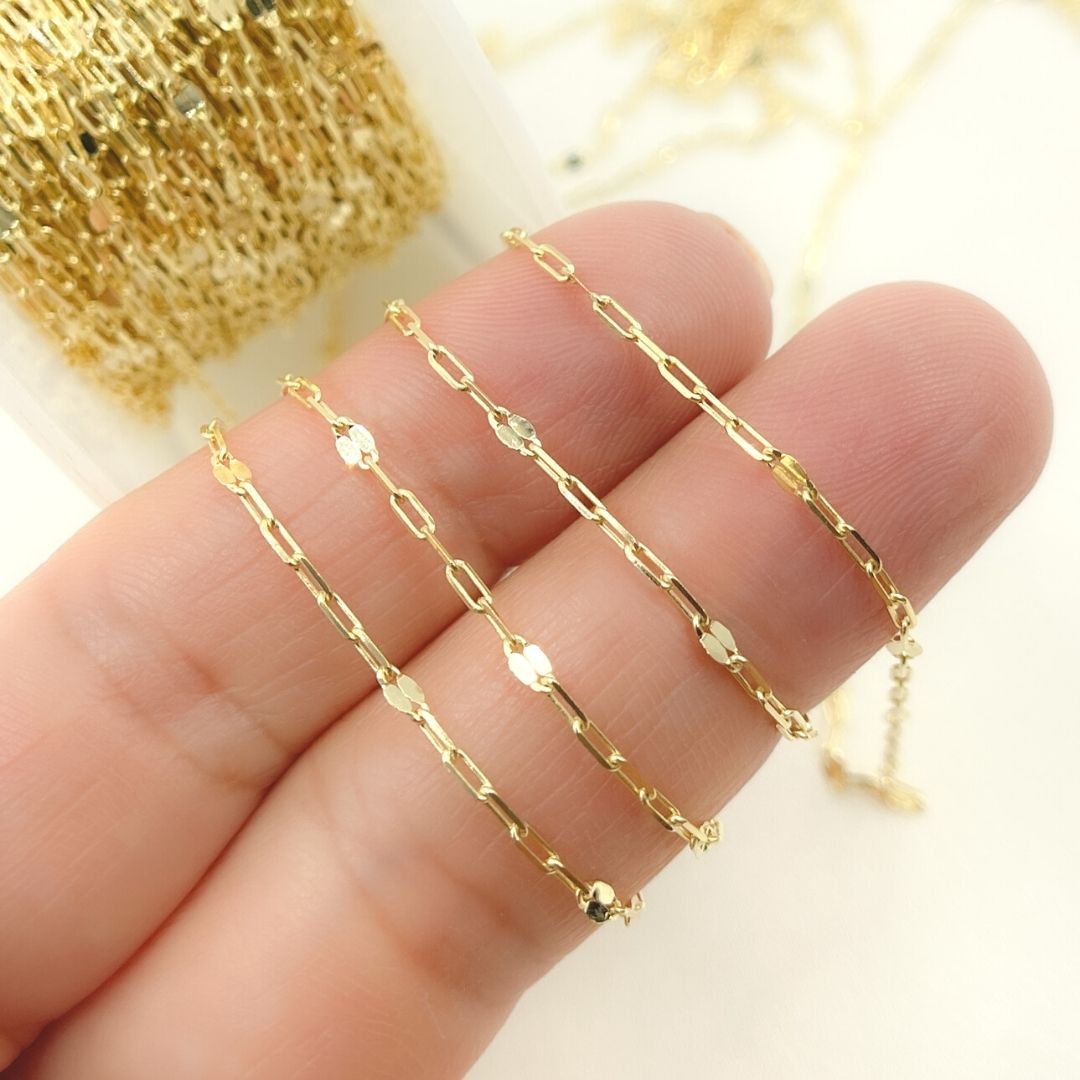 14K Solid Gold Diamond Cut Paperclip & Marina Mirror Link Chain