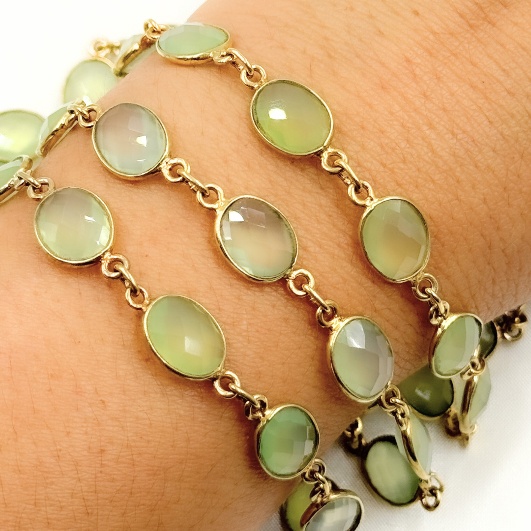 Prehnite Oval Shape Bezel Gold Plated 925 Sterling Silver Wire Chain. PR2