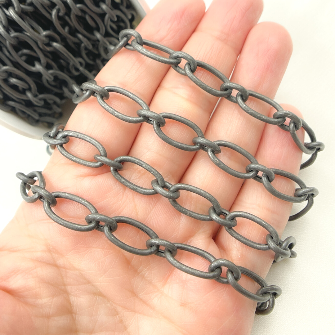 V82BRM. Black Rhodium Mat Sterling Silver Smooth Oval Link Chain