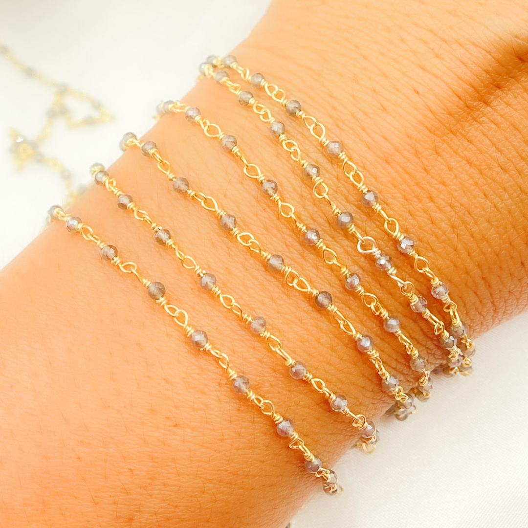 Coated Grey Moonstone Gold Plated Wire Chain