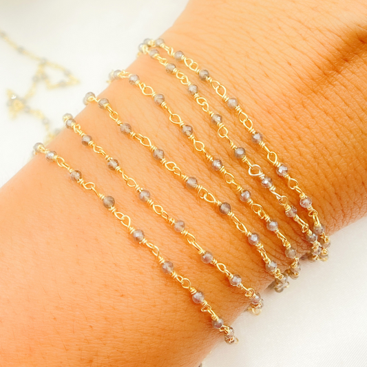 Coated Grey Moonstone Gold Plated Wire Chain