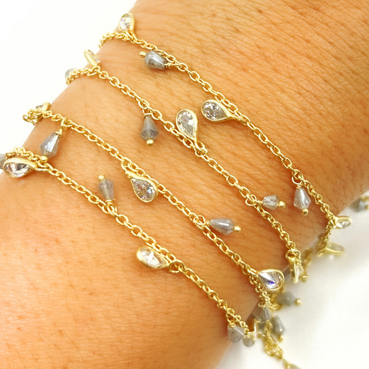 Coated Labradorite Drop & CZ Pear Shape Dangle Gold Plated Wire Chain