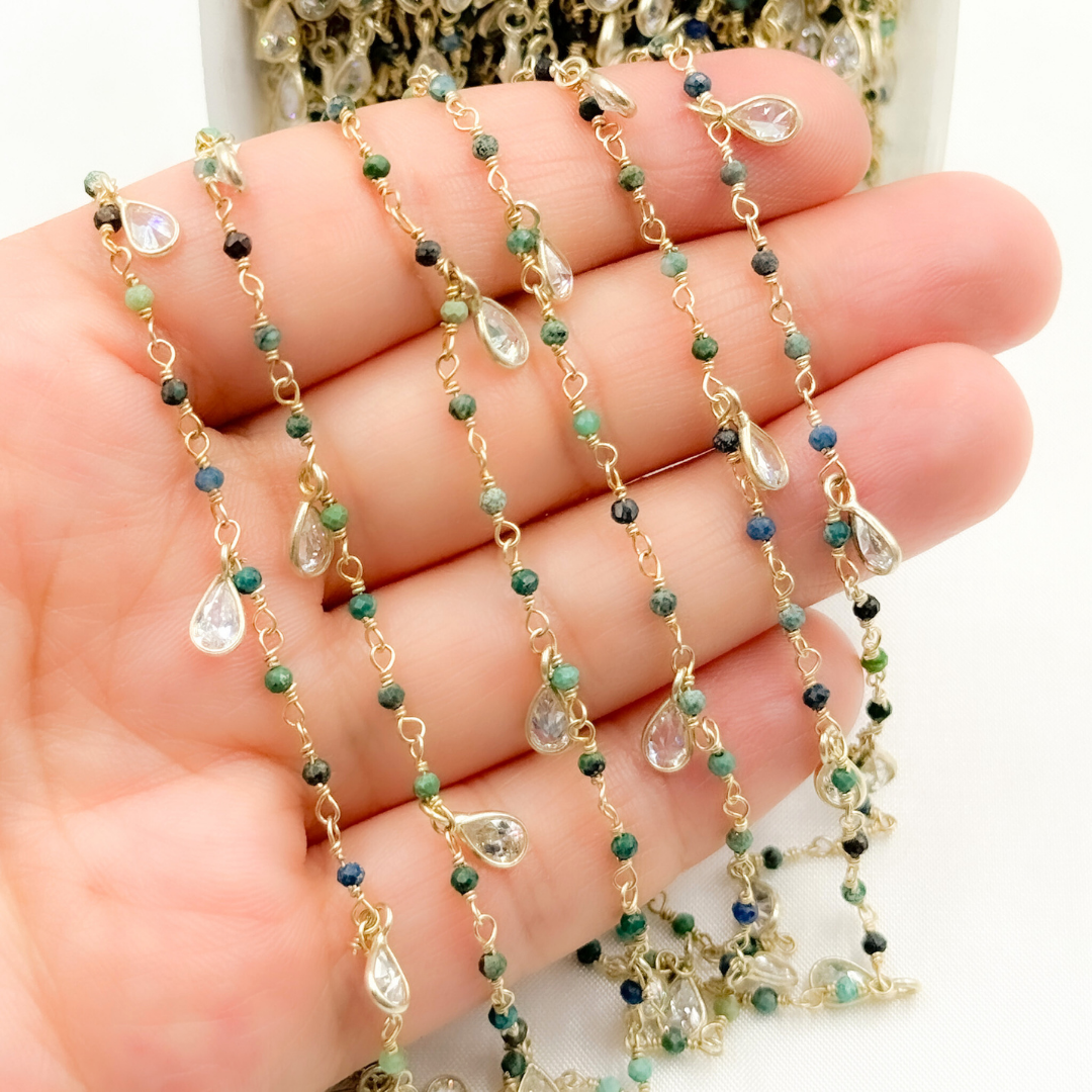 Chrysocolla & CZ Dangle Gold Plated Wire Chain.