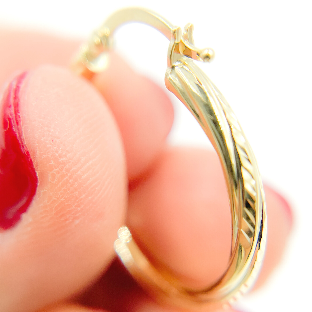 14K Gold Hoop Earrings with Engraved Tornado Design. 