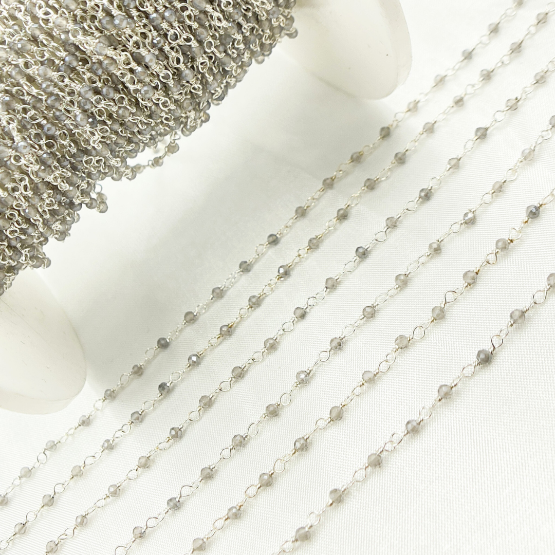 Coated Grey Moonstone 925 Sterling Silver Wire Chain