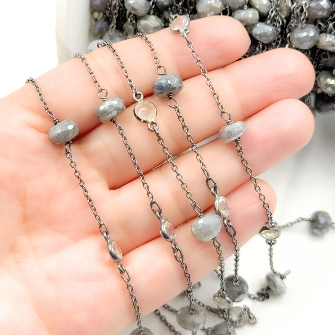 Coated Labradorite & White Topaz Oxidized Connected Wire Chain.