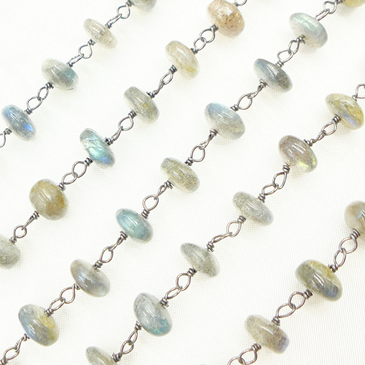 Labradorite Rondel Smooth Oxidized Wire Chain.