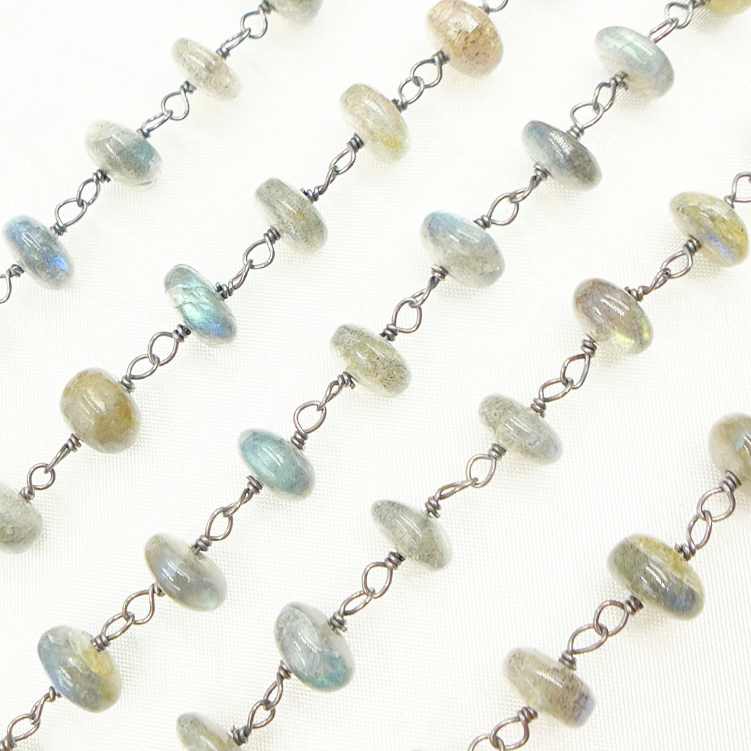 Labradorite Rondel Smooth Oxidized Wire Chain. LAB100