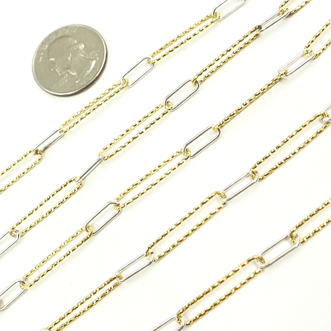 V3GS1. Sterling Silver Smooth & Gold Plated Diamond Cut Paperclip Chain