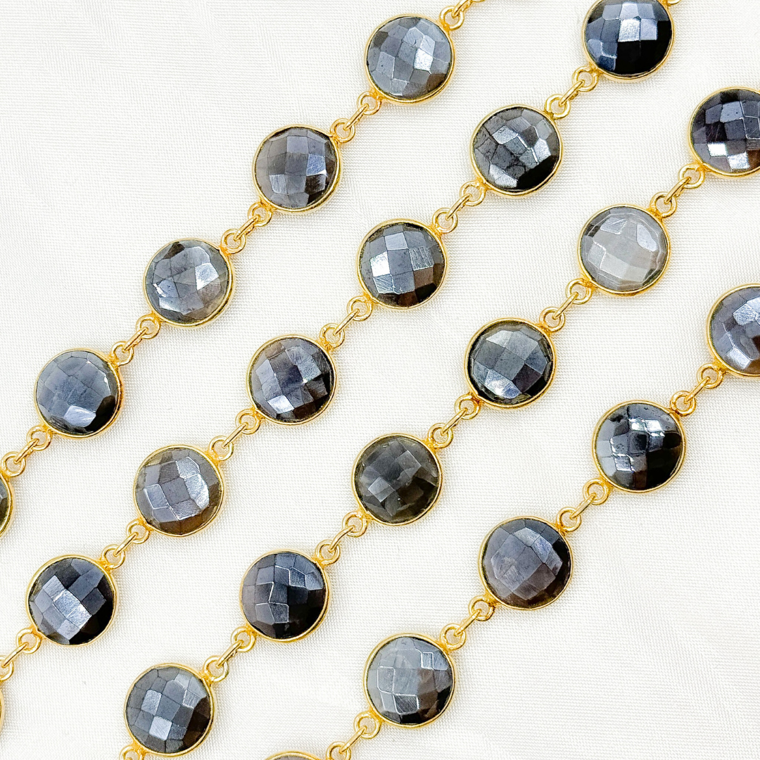 Coated Grey Moonstone Round Shape Bezel Gold Plated Wire Chain.