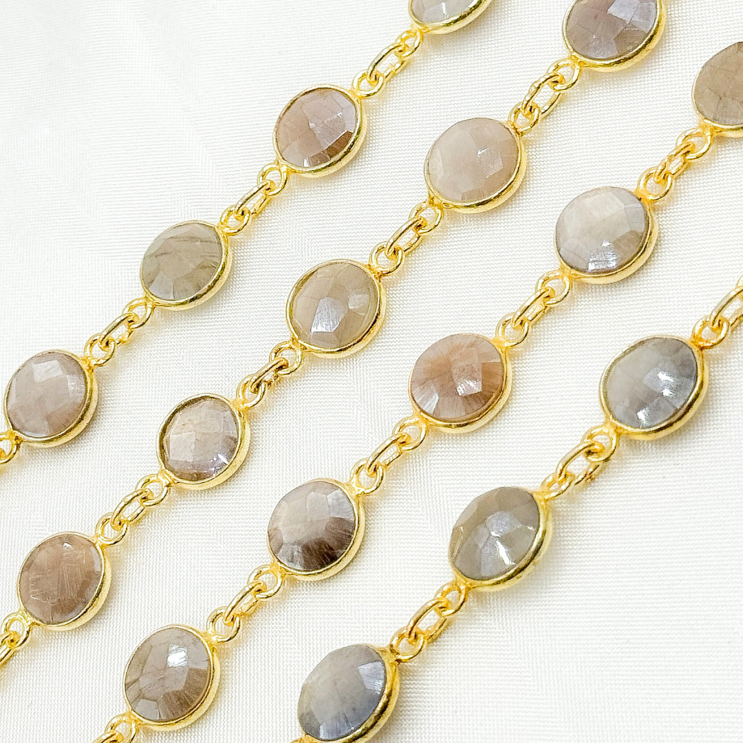 Coated Light Grey Moonstone Round Shape Bezel Gold Plated Wire Chain. CMS114