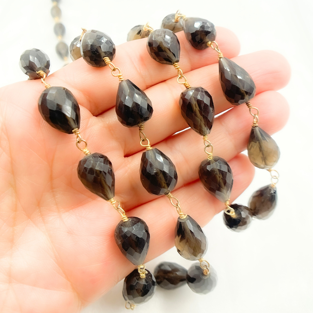 Smoky Quartz Pear Shape Gold Plated 925 Sterling Silver Wire Chain