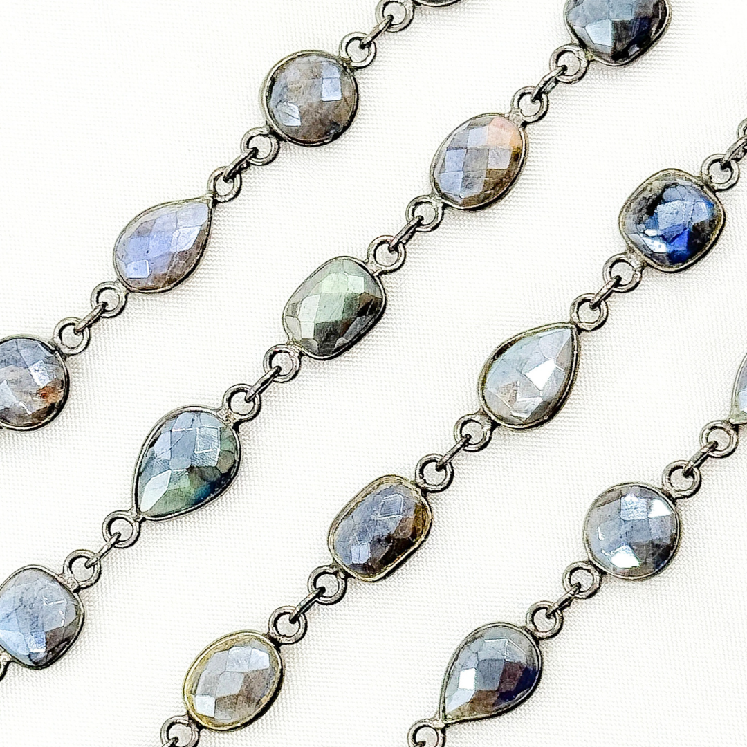 Coated Labradorite Pear & Round Shape Bezel Oxidized Wire Chain
