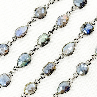 Coated Labradorite Pear & Round Shape Bezel Oxidized Wire Chain