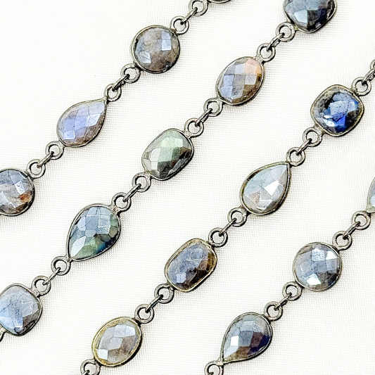 Coated Labradorite Pear & Round Shape Bezel Oxidized Wire Chain