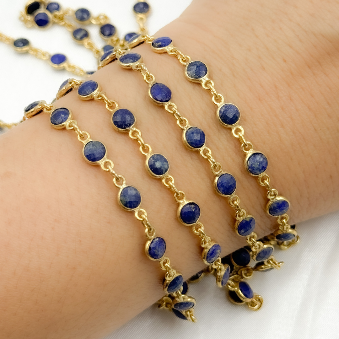 Lapis Lazuli Round Shape Bezel Gold Plated Wire Chain. LAP15