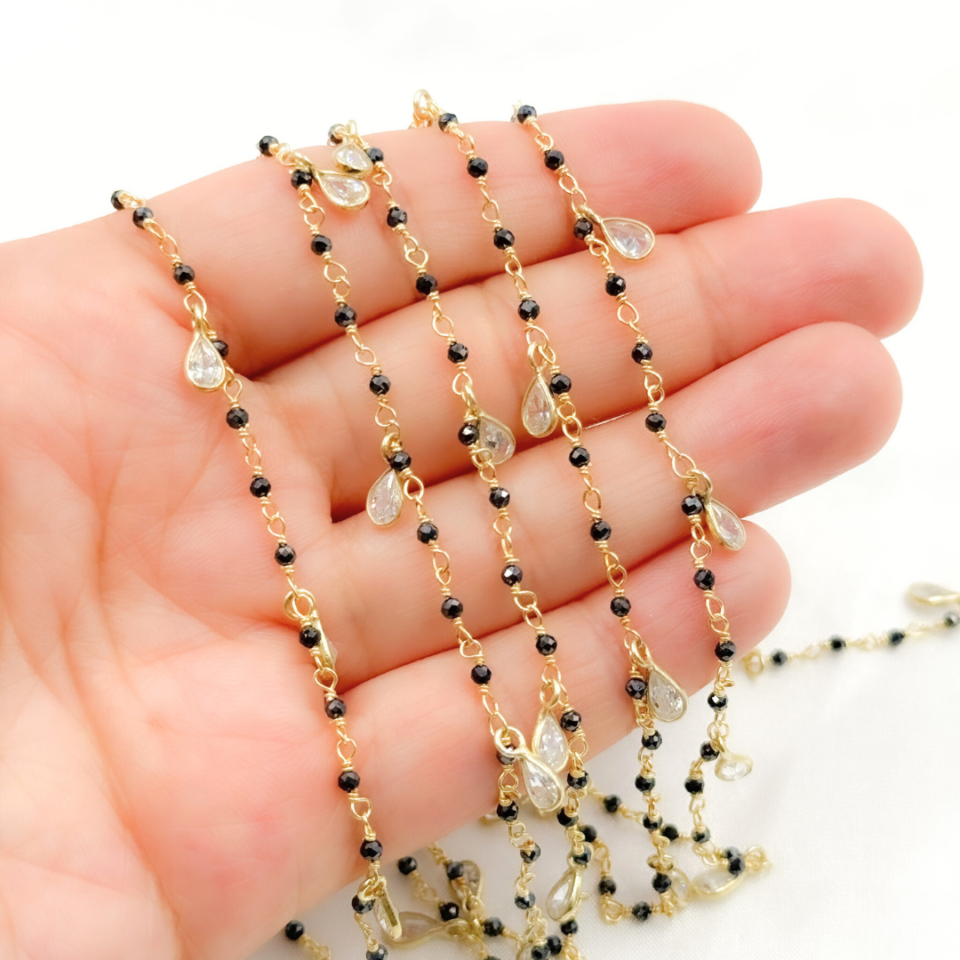 Coated Black Spinel & CZ Dangle Gold Plated Wire Chain.