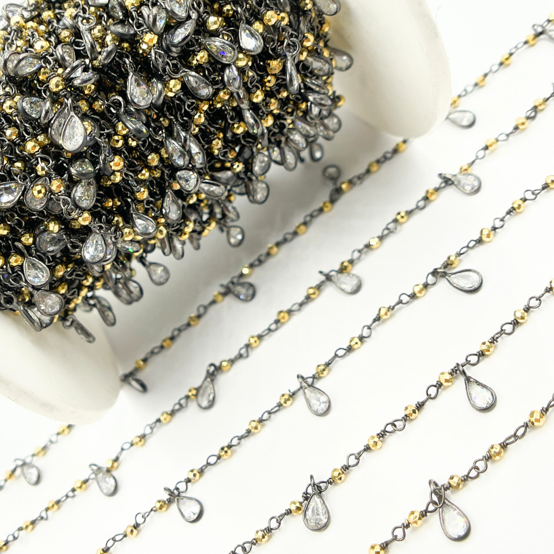 Golden Pyrite & CZ Dangle Oxidized Wire Chain