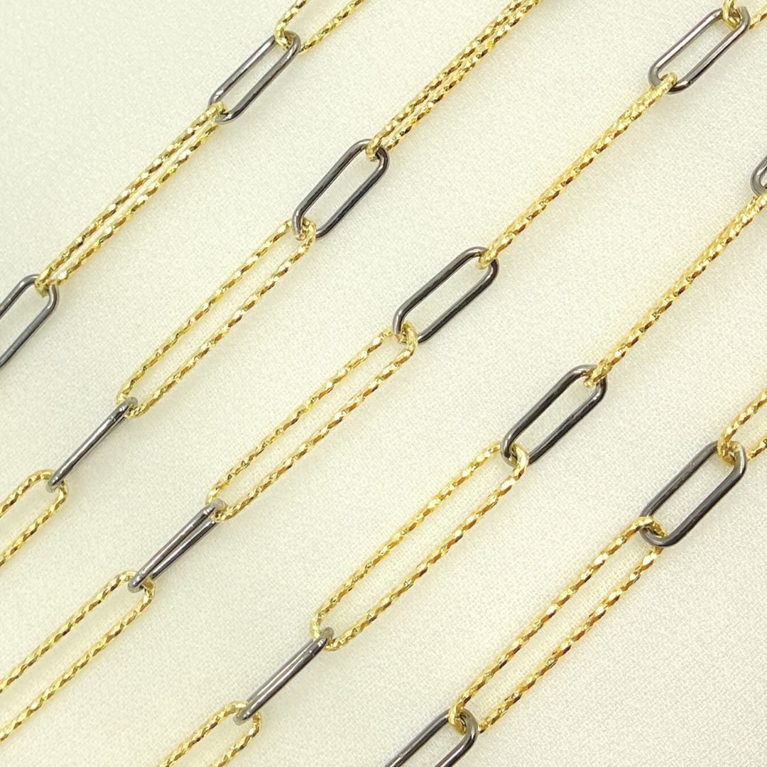 Gold Plated & Black Rhodium 925 Sterling Silver Diamond Cut & Smooth Paperclip Chain. V3GB1