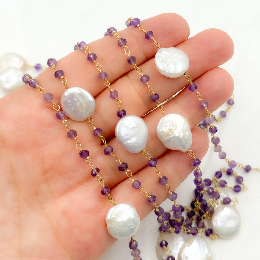 Amethyst & Pearl Round Shape Bezel Gold Plated Wire Chain