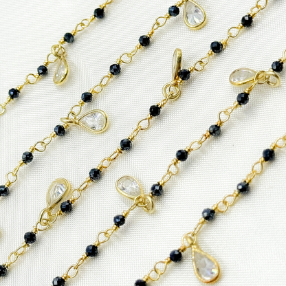 Coated Black Spinel & CZ Dangle Gold Plated Wire Chain.