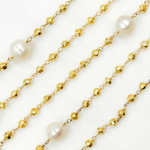 Load image into Gallery viewer, Golden Pyrite &amp; Pearl Gold Plated 925 Sterling Silver Wire Chain. PYR64
