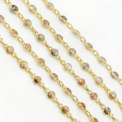 Coated Chocolate Moonstone Round Shape Bezel Gold Plated Wire Chain.